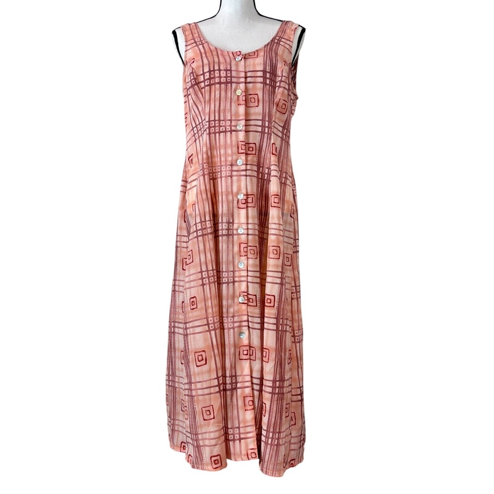 ICI Pink Maxi Dress Sleeveless Button Front Plaid Print Casual‎ Sundress Small